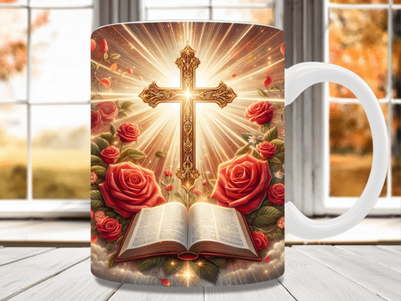 Bible with Gold Cross Rose Mug Wrap
