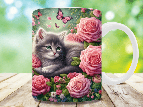 Grey Kitten CAT Pink Rose Flower Mug