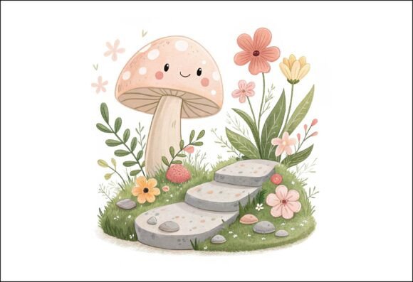Mushroom and Flower Ester Design PNG