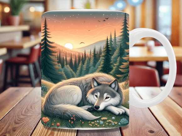 Peaceful Resting Wolf Sunset Forest Mug: A Premium Sublimation Design for Personalized Coffee Mugs